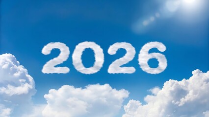The year twenty twenty six written in clouds against a bright blue sky backdrop