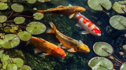 Four brightly colored ornamental fish swim among green floating lily pads in dark water