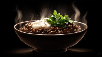Hearty Brown Dish With Creamy Sauce In Bowl