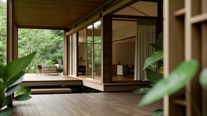 A modern house with wooden floors and large windows overlooking a lush green forest