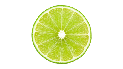 A fresh green lime slice isolated on a transparent background, showcasing vibrant citrus fruit pulp