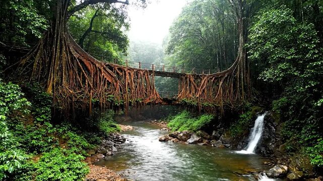 A natural bridge formed from roots, over a river in a lush green forest, with waterfall