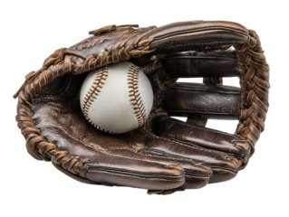 Close-up of baseball glove leather texture with ball on transparent background