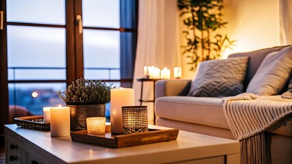 Cozy living room with candles on coffee table and sofa in the background near window