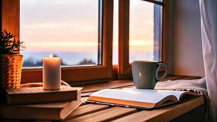 Cozy scene of a window with a book, candle, plant, and a mug at sunset or sunrise