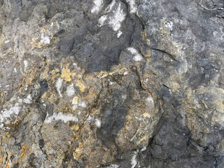 Close-up of a rugged rock surface with natural cracks and textures, featuring shades of gray, white, and golden-brown mineral deposits.