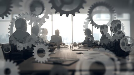 Business team meeting silhouettes overlaid with multiple rotating gear graphics suggesting strategy and operation
