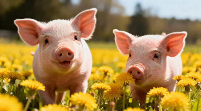 Cute little piglets in a green meadow in the sunlight