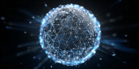 Illuminated digital sphere displays intricate global connectivity concept against a dark background