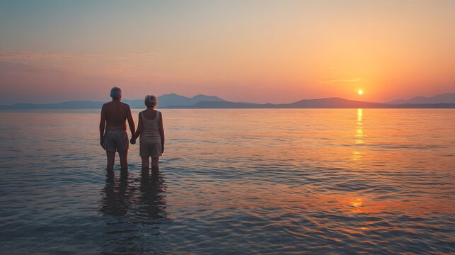 Elderly couple stands hand in hand in calm water facing a vibrant sunset over the horizon - Powered by Adobe