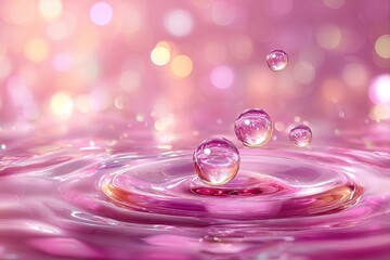 Pink Water Droplets With Ripples And Glowing Light