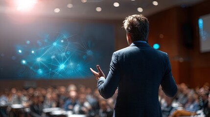 Speaker At Conference With Digital Network Graphic