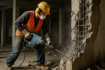 Construction worker operating jackhammer breaking reinforced concrete inside building under renovation
