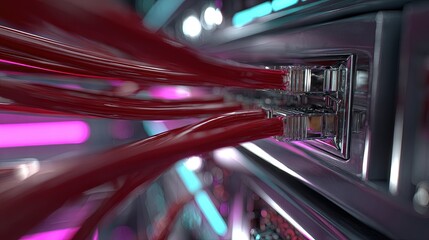 Close Up Of Red Cables Connecting To Server In Modern Data Center