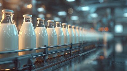 Milk Bottles On Conveyor Belt In Modern Dairy Processing Facility