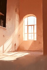 Sunlit Dusty Interior Room With Arch Window