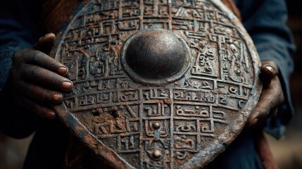 Ancient metal shield with intricate carvings