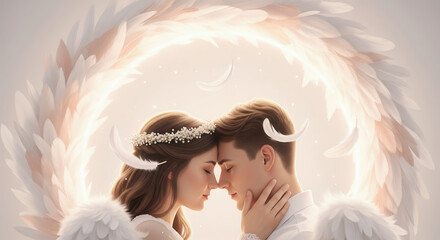 Angelic couple in a tender embrace surrounded by a halo of feathers. Fantasy portrait of a man and woman as angels. Concept of pure love and soulmates.