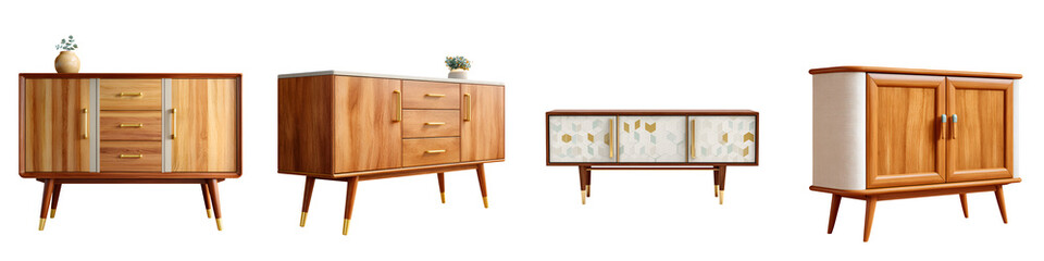Collection of Retro Wooden Sideboards on White Background