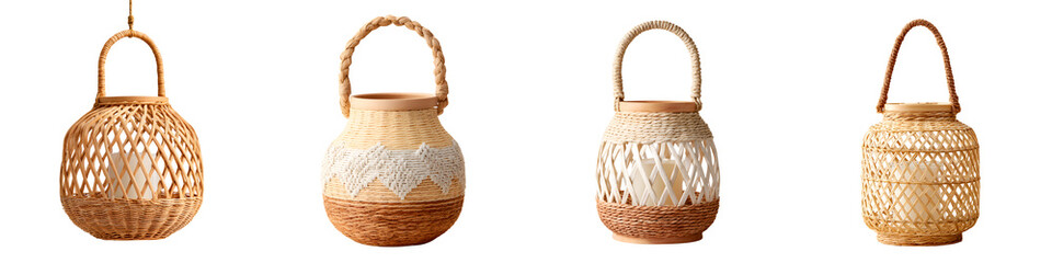 Rattan Lanterns Collection, Rustic Decor Isolated on White