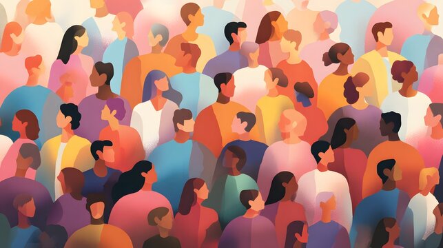 Diverse group of people illustrated in a vibrant, dense crowd formation