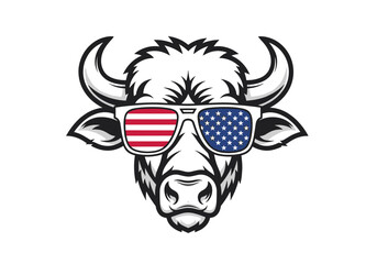 Buffalo Head with American Flag Rectangular Sunglasses Vector.