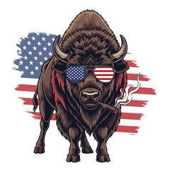 Cool Buffalo Smoking Cigar with American Flag Sunglasses and Distressed Flag Background.