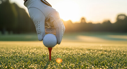 Golfer's hand placing golf ball on tee at sunrise