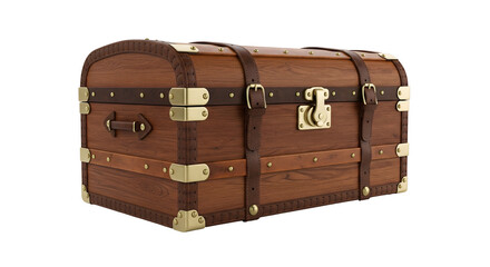 Vintage brown treasure chest with leather straps and golden locks, evokes a sense of adventure, mystery, and history, isolated on transparent background
