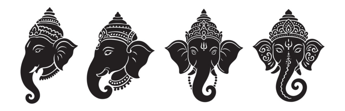 Set of Lord Ganesha head silhouette vectors with ornamental crowns, traditional Hindu elephant god artwork in black decorative style