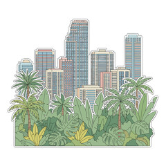 Modern Tropical Cityscape with Lush Green Foliage and Contemporary Buildings