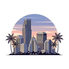 Miami Florida City Skyline with Palm Trees and Sunset Circle Illustration