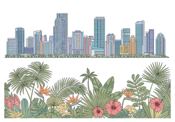 Modern City Skyline with Tropical Botanical Border Illustration