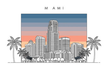 Miami City Skyline Vector Illustration with Palm Trees and Sunset