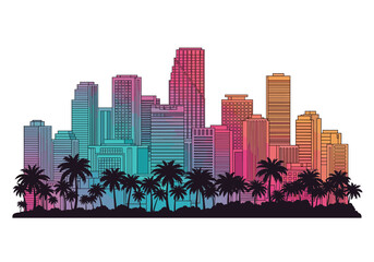 Gradient Miami City Skyline with Palm Tree Silhouettes Illustration