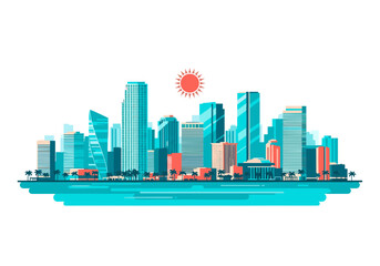 Miami City Skyline with Turquoise Buildings, Sun, and Stylized Water Reflection