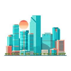 Vibrant Miami Cityscape with Turquoise Buildings and Sun Icon Vector