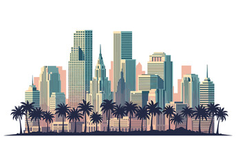 Miami City Skyline with Abundant Palm Tree Silhouettes Vector Illustration