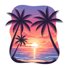 Tropical Beach Sunset with Palm Tree Silhouettes and Ocean Reflection Illustration