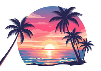Vibrant Tropical Sunset Beach Scene with Palm Trees and Ocean Reflection