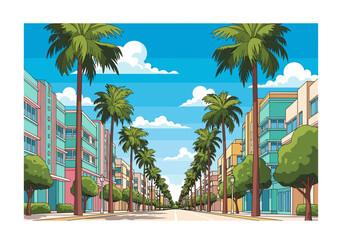 Colorful Art Deco Street Lined with Palm Trees in Miami South Beach