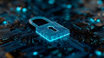 Digital padlock glows brightly atop complex electronic circuitry in a dark setting