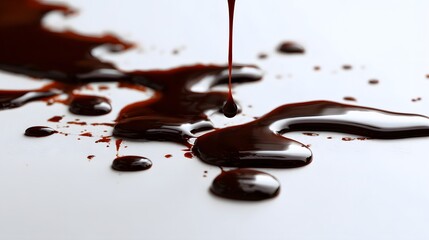 Rich dark liquid flows and splashes onto a bright surface in