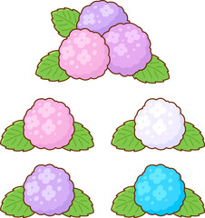 Hydrangea flower set in cute cartoon style. Simple hand drawn doodle, isolated vector clipart illustration.