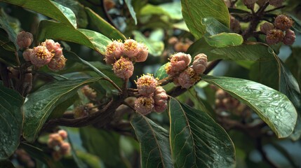 Pink flower clusters on green leaves