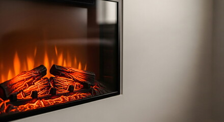 Fototapeta premium Warm glowing electric fireplace logs with dancing flame backdrop, providing comfort and coziness for home interior design footage