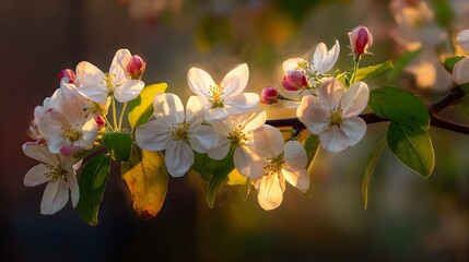 Delicate white blossoms open on a dark branch illuminated by warm sunlight