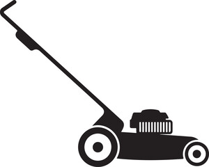 Fototapeta premium Black silhouette of a lawn mower with wheels and handle white garden tool