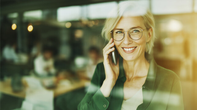 Mature blonde businesswoman wearing glasses and smiling, talking on a mobile phone, reflecting positivity while communicating during a busy day in a modern office - Powered by Adobe