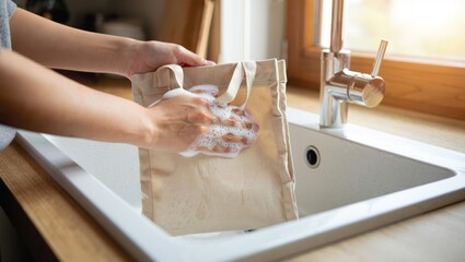 Hands washing a natural fabric tote bag with soap suds in a kitchen sink, reflecting practical eco conscious habits and a commitment to reducing plastic waste in everyday life